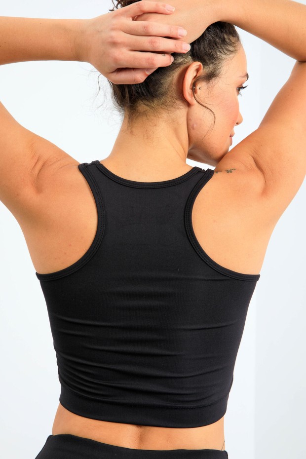 Siyah Yüksek Bel Toparlayıcı Dar Kalıp Crop Biker Kadın Tayt Takım - 95302 - 8