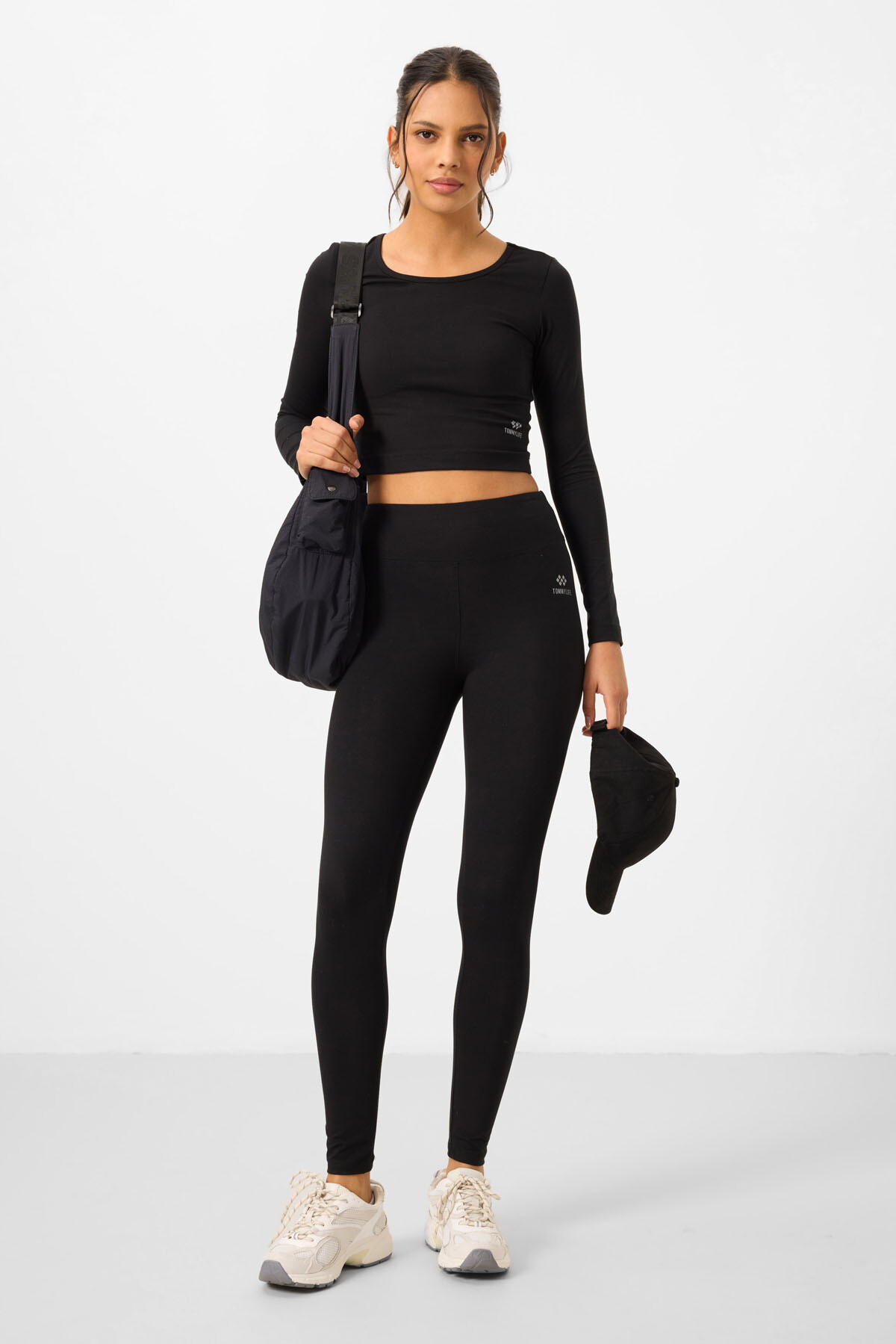 Siyah Yüksek Bel Uzun Kollu Slim Fit Crop Top Kadın Tayt Takım - 95286 - TOMMYLIFE