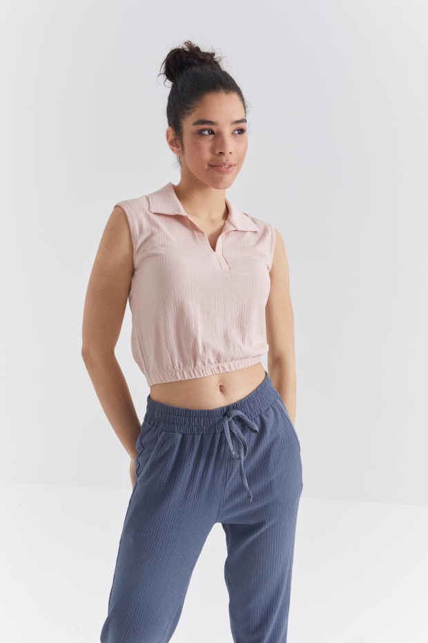 Somon Polo Yaka Beli Lastikli Bürümcük Kumaş Kadın Crop Top T-Shirt - 97223