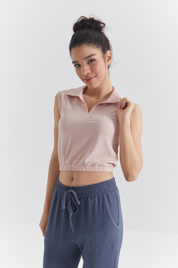 Somon Polo Yaka Beli Lastikli Bürümcük Kumaş Kadın Crop Top T-Shirt - 97223