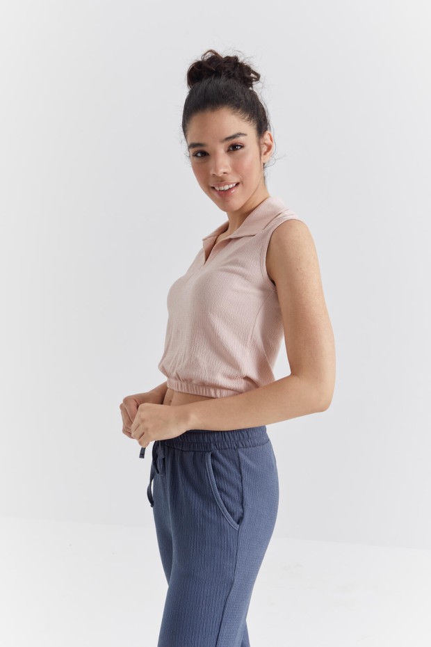 Somon Polo Yaka Beli Lastikli Bürümcük Kumaş Kadın Crop Top T-Shirt - 97223