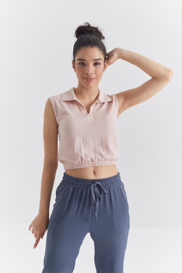 Somon Polo Yaka Beli Lastikli Bürümcük Kumaş Kadın Crop Top T-Shirt - 97223