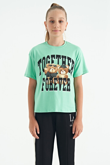Su Yeşili Ayıcık Baskılı O Yaka Oversize Kısa Kol Kız Çocuk T-Shirt - 75116 