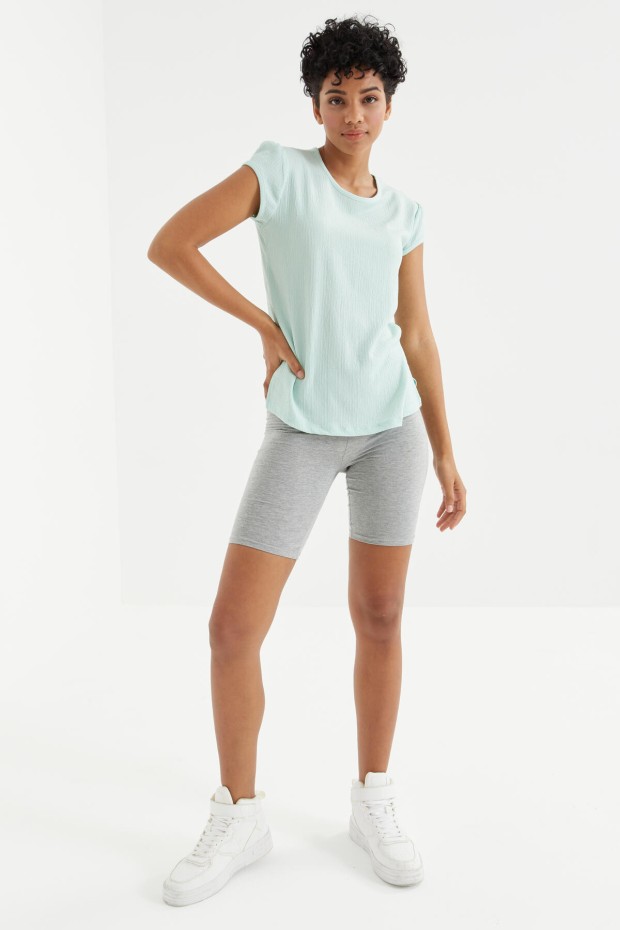 Su Yeşili Basic Kısa Kol O Yaka Bürümcük Kumaş Kadın T-Shirt - 97225
