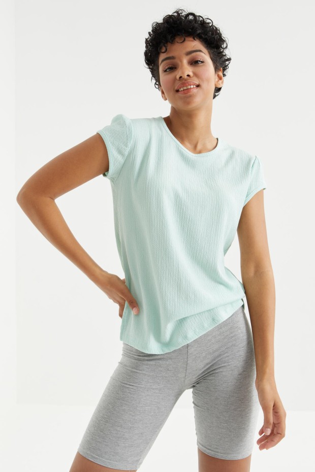 Su Yeşili Basic Kısa Kol O Yaka Bürümcük Kumaş Kadın T-Shirt - 97225