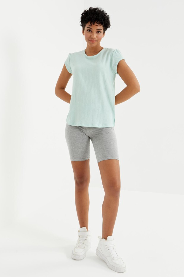 Su Yeşili Basic Kısa Kol O Yaka Bürümcük Kumaş Kadın T-Shirt - 97225