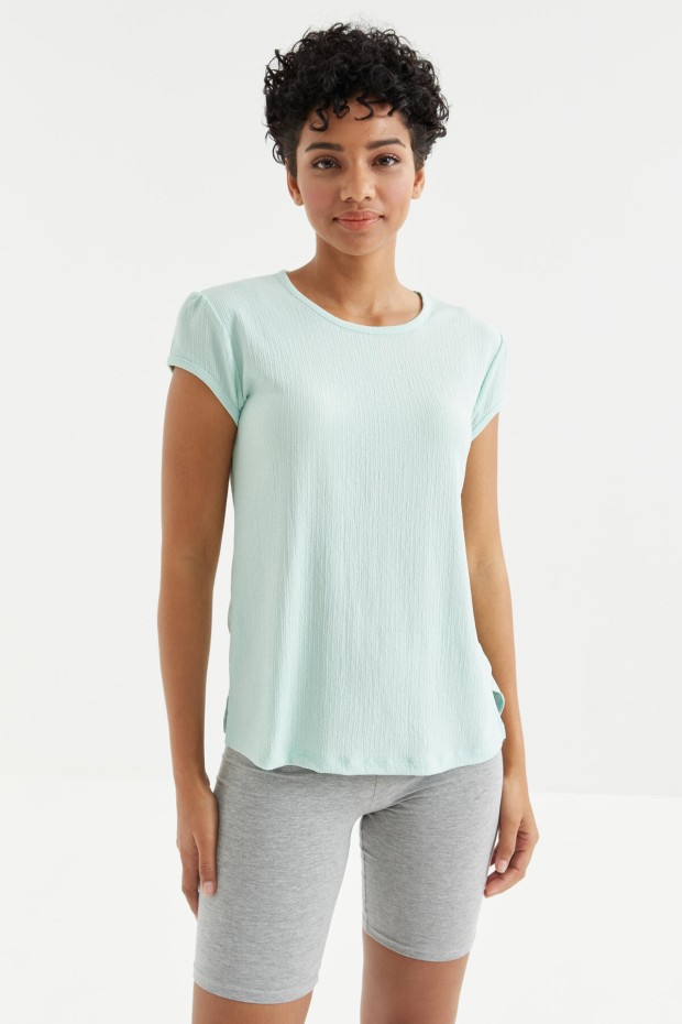 Su Yeşili Basic Kısa Kol O Yaka Bürümcük Kumaş Kadın T-Shirt - 97225