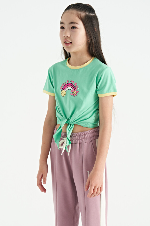 Su Yeşili Baskı Detaylı O Yaka Çok Renkli Bağlama Detaylı Kız Çocuk T-Shirt - 75113