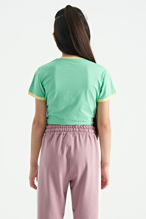 Su Yeşili Baskı Detaylı O Yaka Çok Renkli Bağlama Detaylı Kız Çocuk T-Shirt - 75113