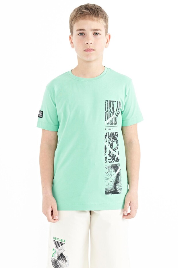 Su Yeşili Baskı Detaylı O Yaka Standart Kalıp Erkek Çocuk T-Shirt - 11104