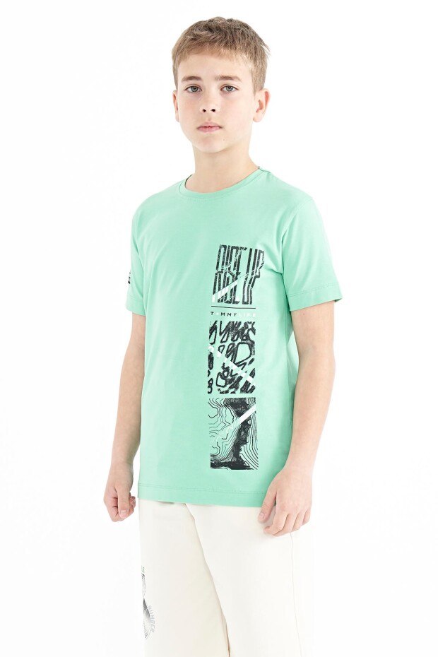 Su Yeşili Baskı Detaylı O Yaka Standart Kalıp Erkek Çocuk T-Shirt - 11104
