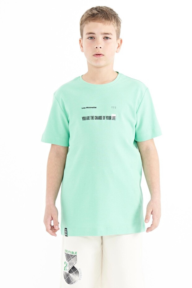 Su Yeşili Baskı Detaylı O Yaka Standart Kalıp Erkek Çocuk T-Shirt - 11117 - 1