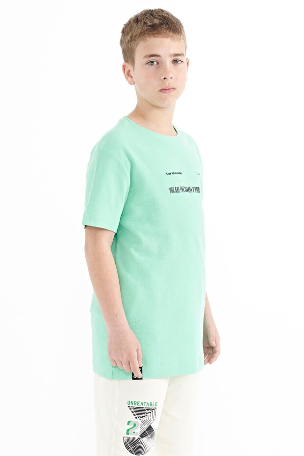Su Yeşili Baskı Detaylı O Yaka Standart Kalıp Erkek Çocuk T-Shirt - 11117 - 4