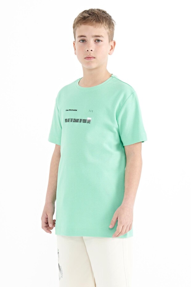 Su Yeşili Baskı Detaylı O Yaka Standart Kalıp Erkek Çocuk T-Shirt - 11117 - 5