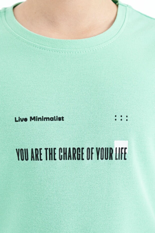 Su Yeşili Baskı Detaylı O Yaka Standart Kalıp Erkek Çocuk T-Shirt - 11117 - 3