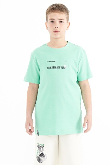 Su Yeşili Baskı Detaylı O Yaka Standart Kalıp Erkek Çocuk T-Shirt - 11117 