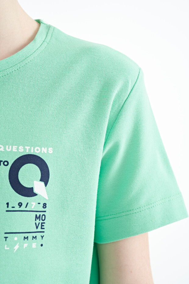 Su Yeşili Baskı Detaylı O Yaka Standart Kalıp Erkek Çocuk T-Shirt - 11145 - 5
