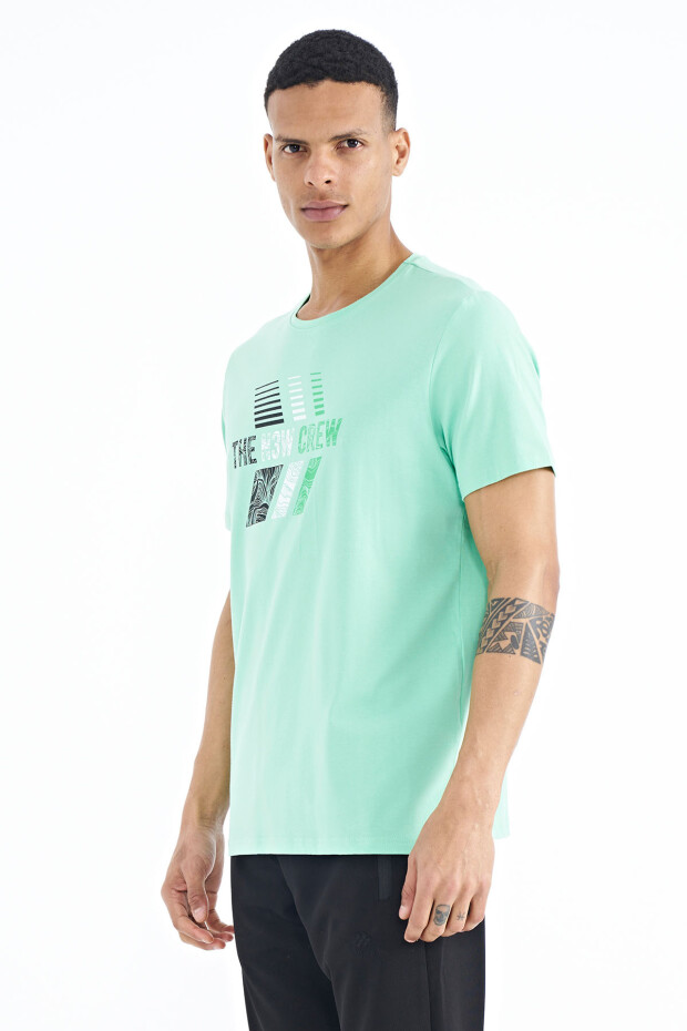 Su Yeşili Baskı Detaylı O Yaka Standart Kalıp Erkek T-Shirt - 88175