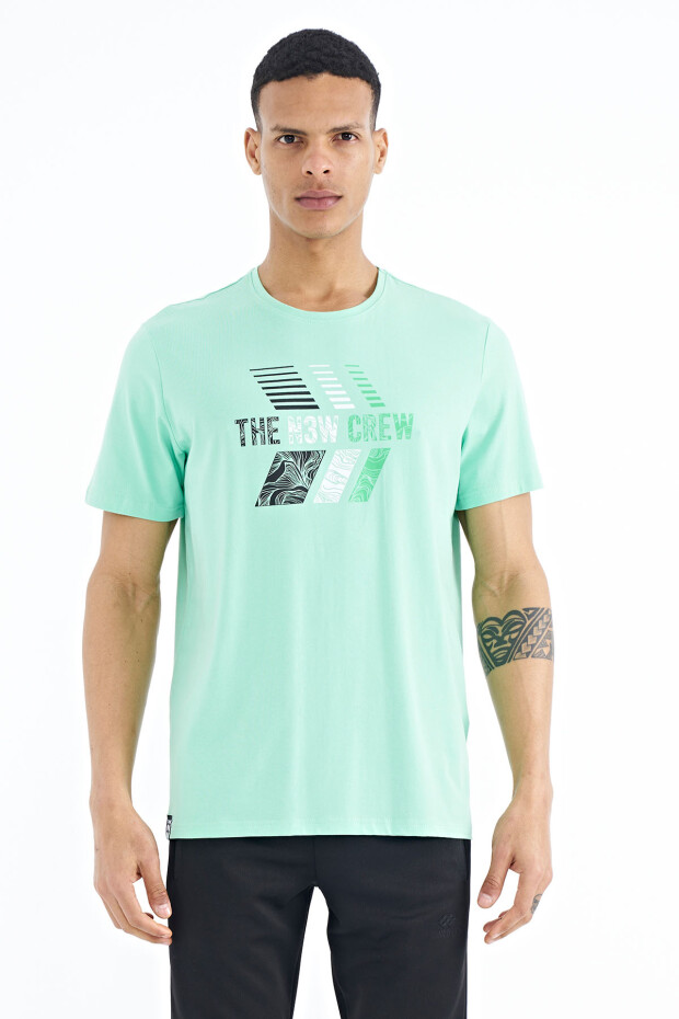 Su Yeşili Baskı Detaylı O Yaka Standart Kalıp Erkek T-Shirt - 88175