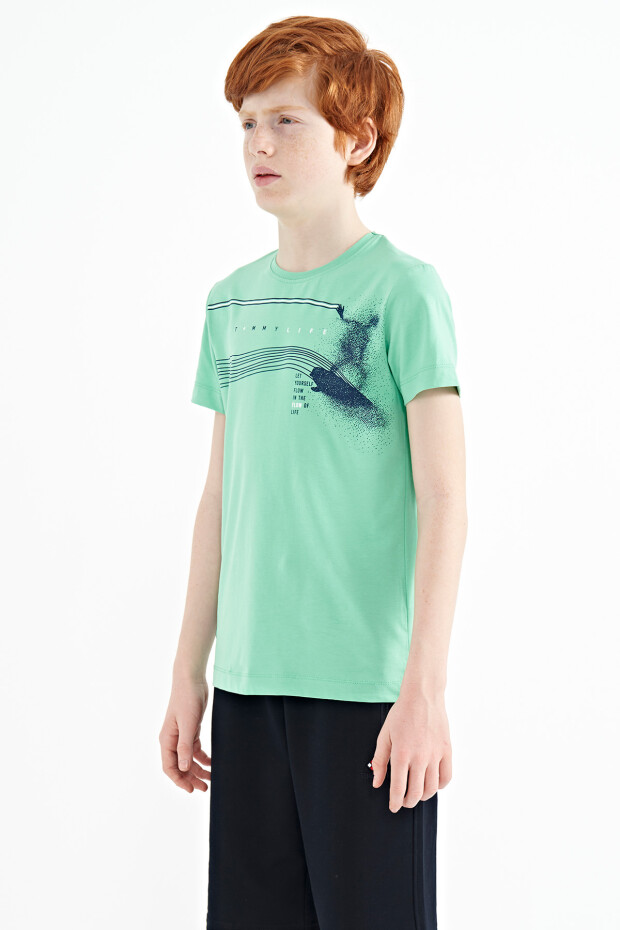 Su Yeşili Baskı Detaylı Standart Kalıp O Yaka Erkek Çocuk T-Shirt - 11133