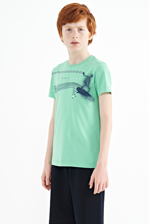 Su Yeşili Baskı Detaylı Standart Kalıp O Yaka Erkek Çocuk T-Shirt - 11133