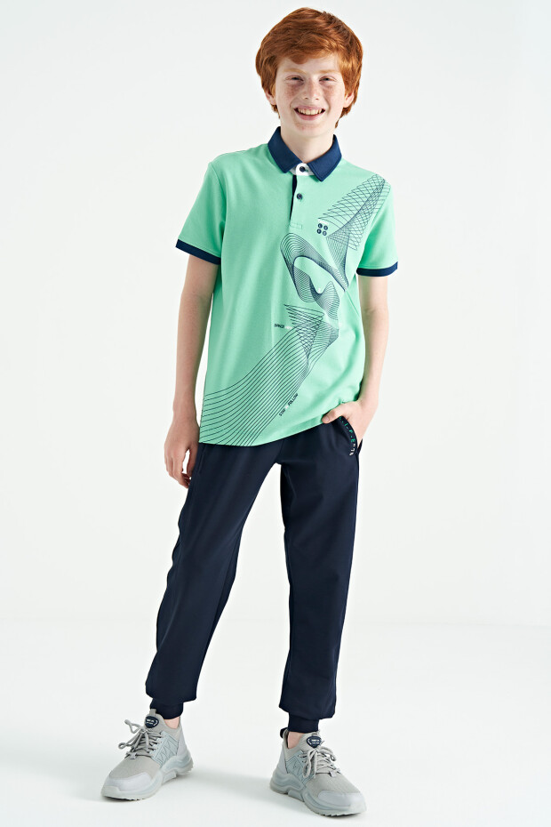 Su Yeşili Baskı Detaylı Standart Kalıp Polo Yaka Erkek Çocuk T-Shirt - 11164