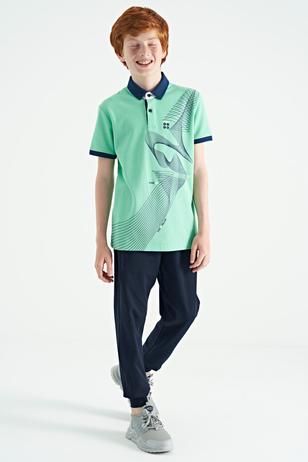 Su Yeşili Baskı Detaylı Standart Kalıp Polo Yaka Erkek Çocuk T-Shirt - 11164