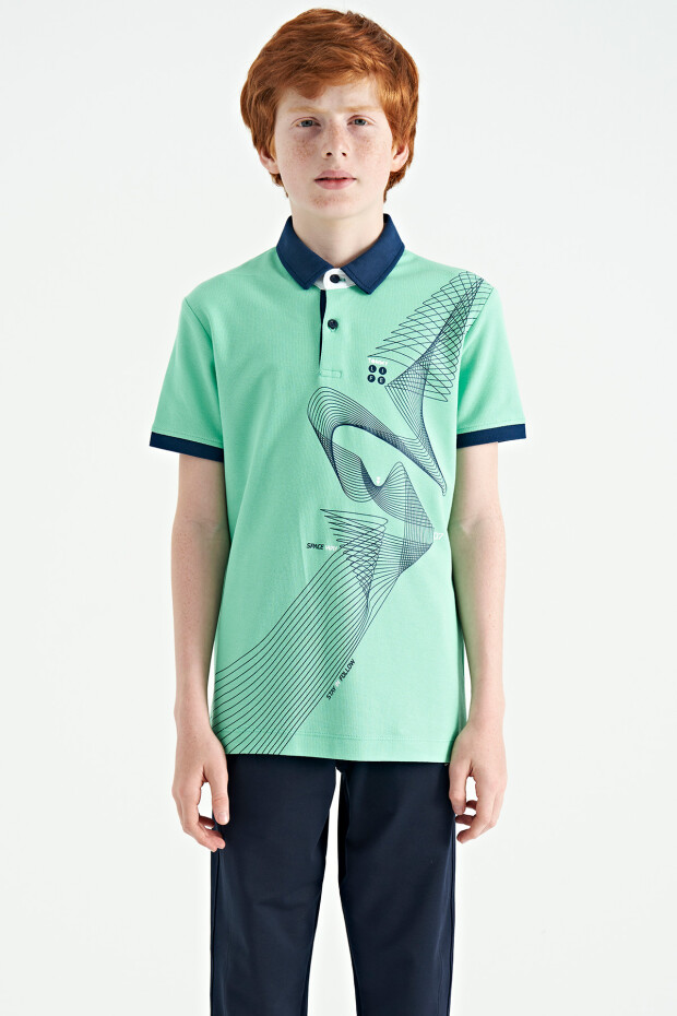 Su Yeşili Baskı Detaylı Standart Kalıp Polo Yaka Erkek Çocuk T-Shirt - 11164