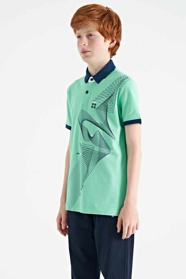 Su Yeşili Baskı Detaylı Standart Kalıp Polo Yaka Erkek Çocuk T-Shirt - 11164