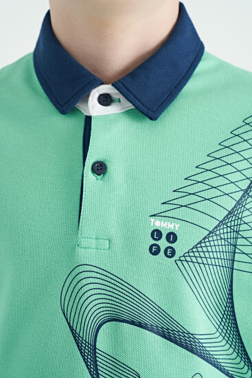 Su Yeşili Baskı Detaylı Standart Kalıp Polo Yaka Erkek Çocuk T-Shirt - 11164 - Thumbnail