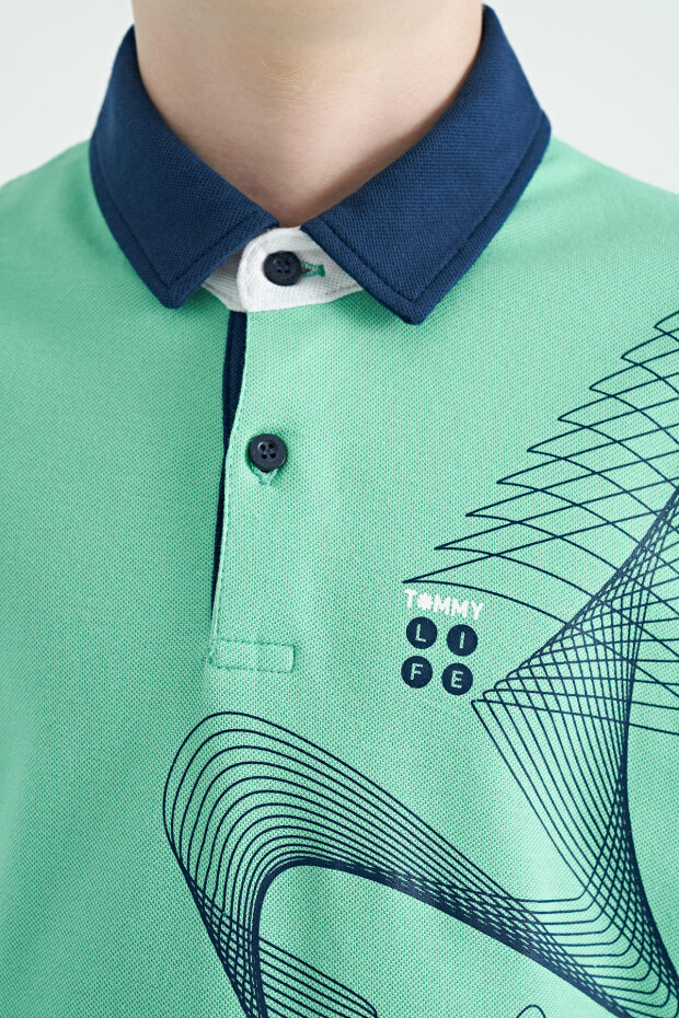 Su Yeşili Baskı Detaylı Standart Kalıp Polo Yaka Erkek Çocuk T-Shirt - 11164
