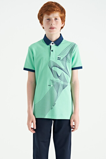 Su Yeşili Baskı Detaylı Standart Kalıp Polo Yaka Erkek Çocuk T-Shirt - 11164 - Thumbnail