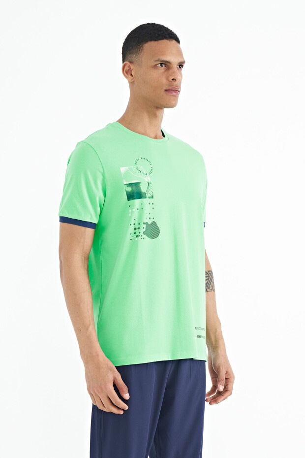 Su Yeşili Baskı O Yaka Detaylı Standart Form Erkek T-shirt - 88216