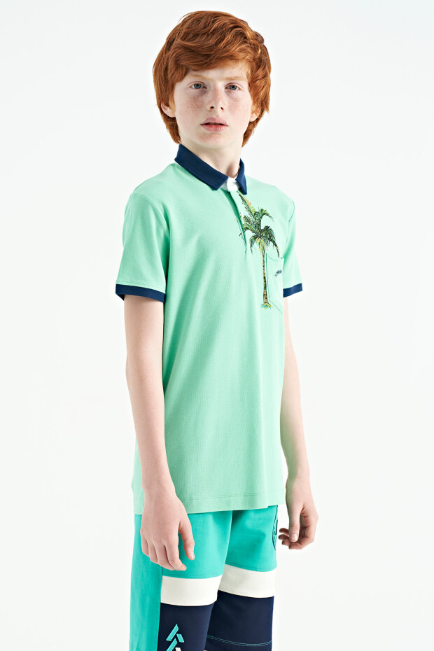 Su Yeşili Baskılı Cep Detaylı Standart Kalıp Polo Yaka Erkek Çocuk T-Shirt - 11144
