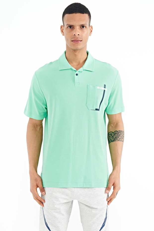 Su Yeşili Cep Detaylı Baskılı Standart Kalıp Polo Yaka Erkek T-Shirt - 88241