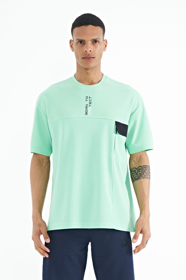 Su Yeşili Gizli Cep Detaylı Baskılı Oversize Erkek T-shirt - 88244