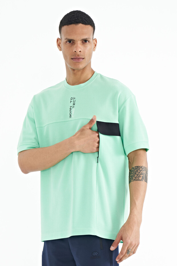 Su Yeşili Gizli Cep Detaylı Baskılı Oversize Erkek T-shirt - 88244