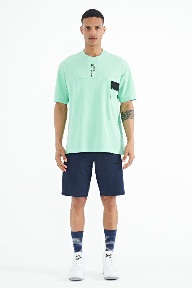 Su Yeşili Gizli Cep Detaylı Baskılı Oversize Erkek T-shirt - 88244