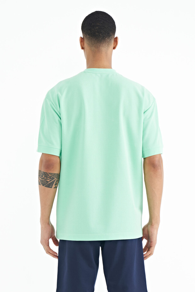 Su Yeşili Gizli Cep Detaylı Baskılı Oversize Erkek T-shirt - 88244