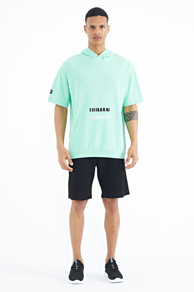 Su Yeşili Kanguru Cepli Yazı Nakışlı Kapüşonlu Erkek T-Shirt - 88195