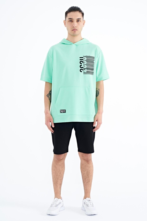 Su Yeşili Kapüşonlu Baskılı Kanguru Cepli Oversize Erkek T-shirt - 88196