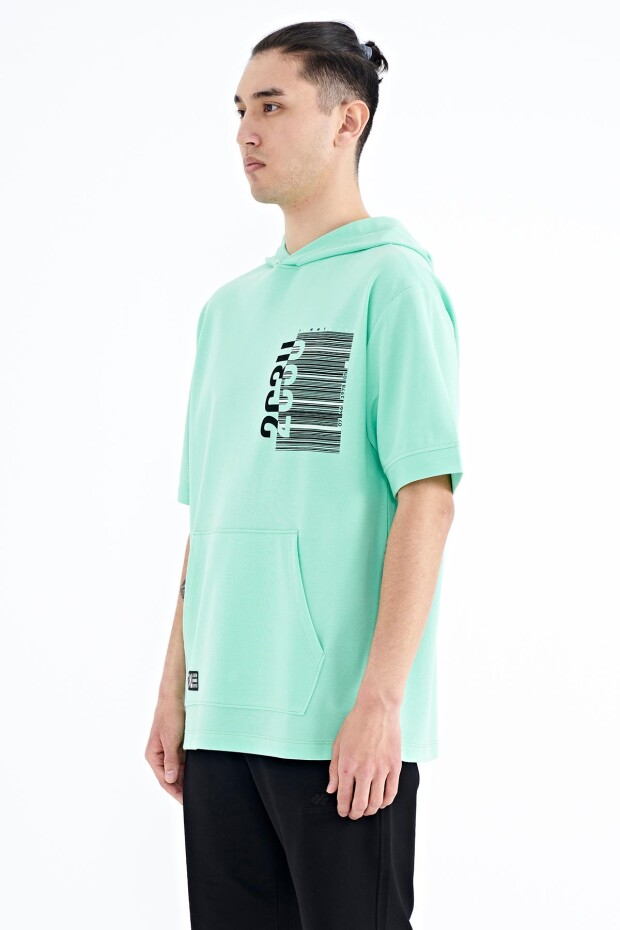 Su Yeşili Kapüşonlu Baskılı Kanguru Cepli Oversize Erkek T-shirt - 88196