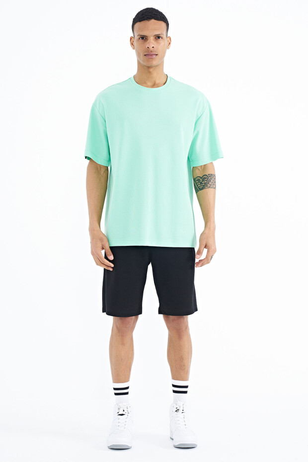 Su Yeşili Kol Arma Detaylı Basic Oversize Erkek T-Shirt - 88193 - 2