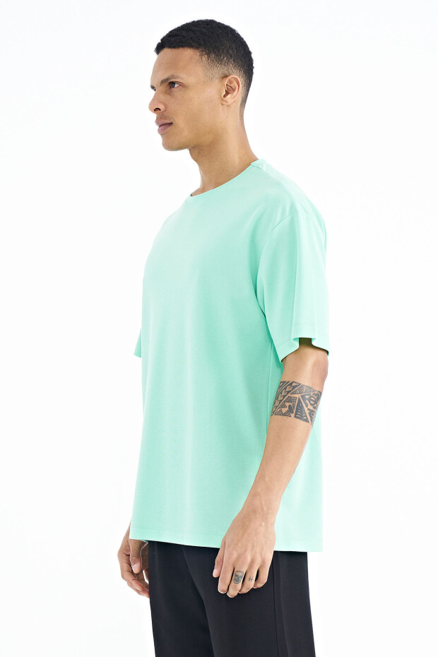 Su Yeşili Kol Arma Detaylı Basic Oversize Erkek T-Shirt - 88193 - 5