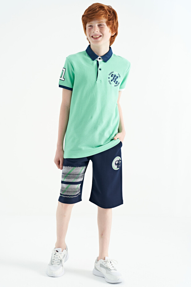 Su Yeşili Kol Gögüs Nakış Detaylı Standart Kalıp Polo Yaka Erkek Çocuk T-Shirt - 11086