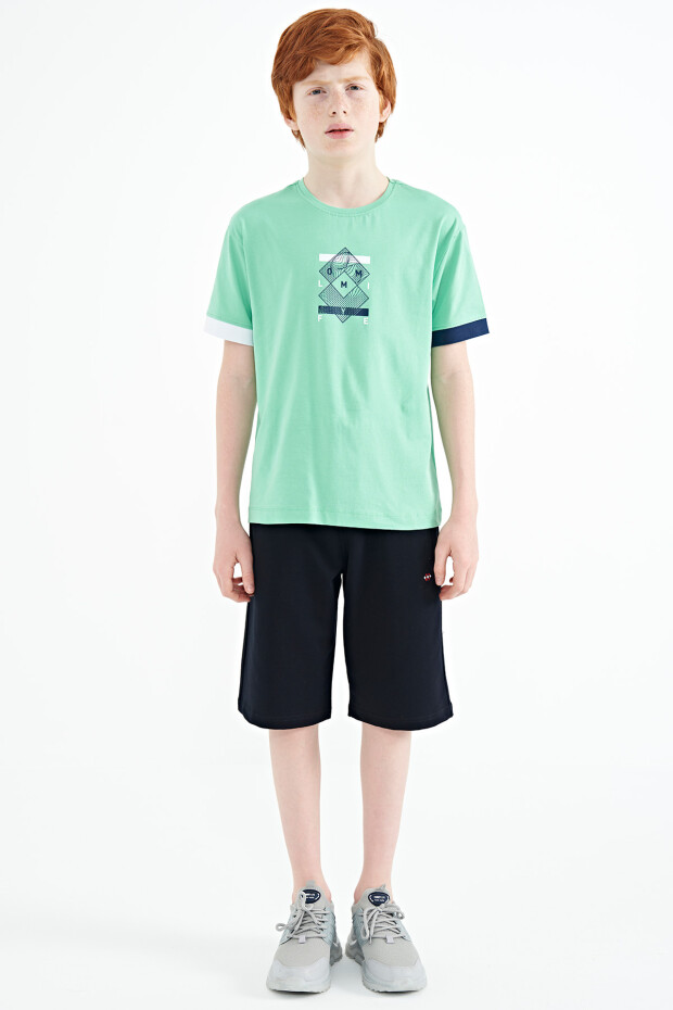 Su Yeşili Kol Ucu Renkli Detaylı Baskılı Oversize Erkek Çocuk T-Shirt - 11137