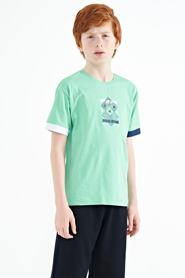 Su Yeşili Kol Ucu Renkli Detaylı Baskılı Oversize Erkek Çocuk T-Shirt - 11137