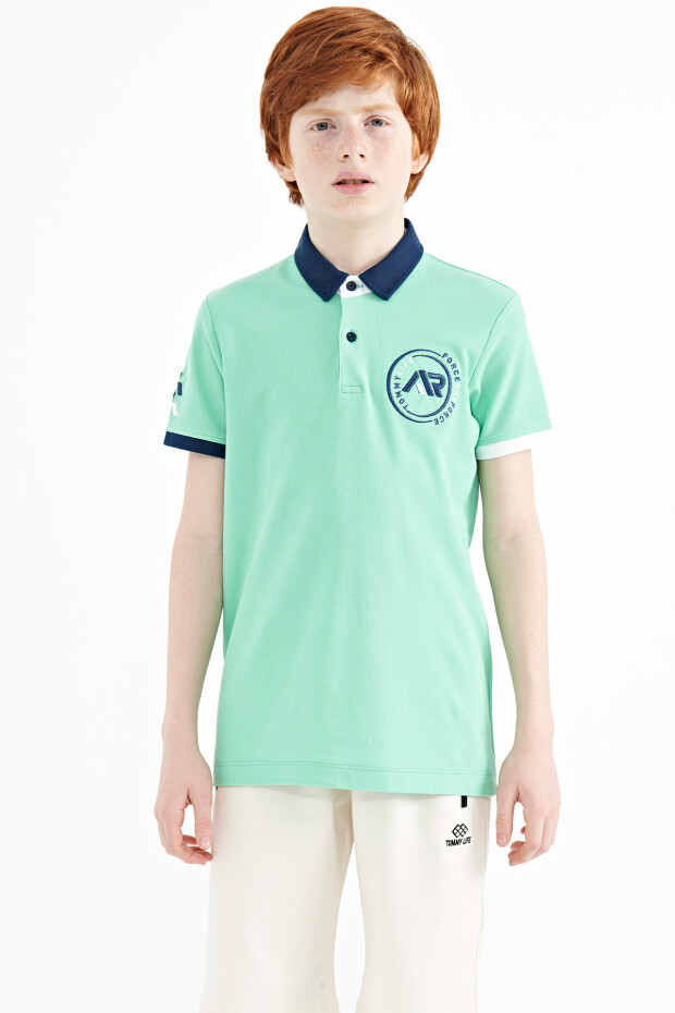 Su Yeşili Kol Ucu Renkli Logo Nakışlı Standart Kalıp Polo Yaka Erkek Çocuk T-Shirt - 11138