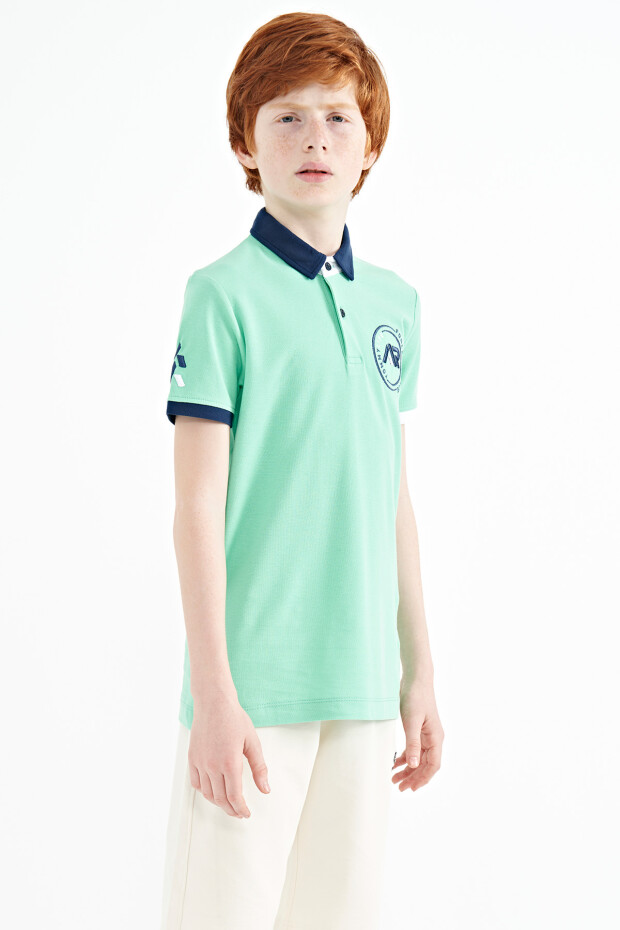 Su Yeşili Kol Ucu Renkli Logo Nakışlı Standart Kalıp Polo Yaka Erkek Çocuk T-Shirt - 11138