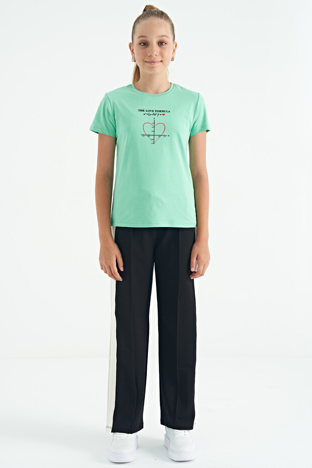 Su Yeşili O Yaka Baskı Detaylı Rahat Kalıp Kız Çocuk T-Shirt - 75129